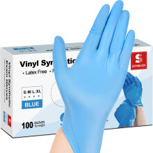 Gants d'examen en vinyle synthétique bleu Schneider, Petit, Boîte de 100, 4 Mil, Sans poudre, Sans latex