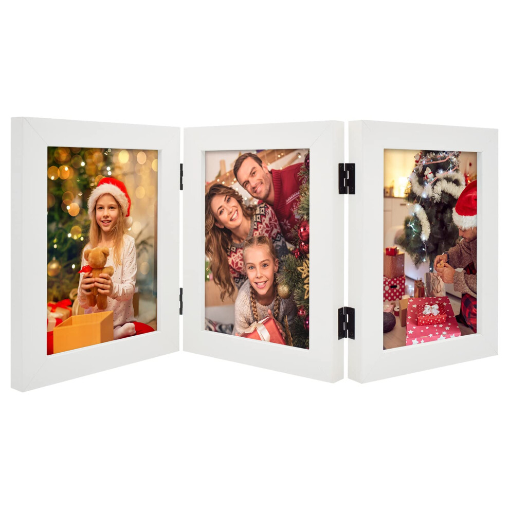 Frametory Cadre photo 5x7 Trifold Cadre photo à charnières Cadre à trois volets Cadre en verre vertical de bureau (blanc 5x7 Triple)