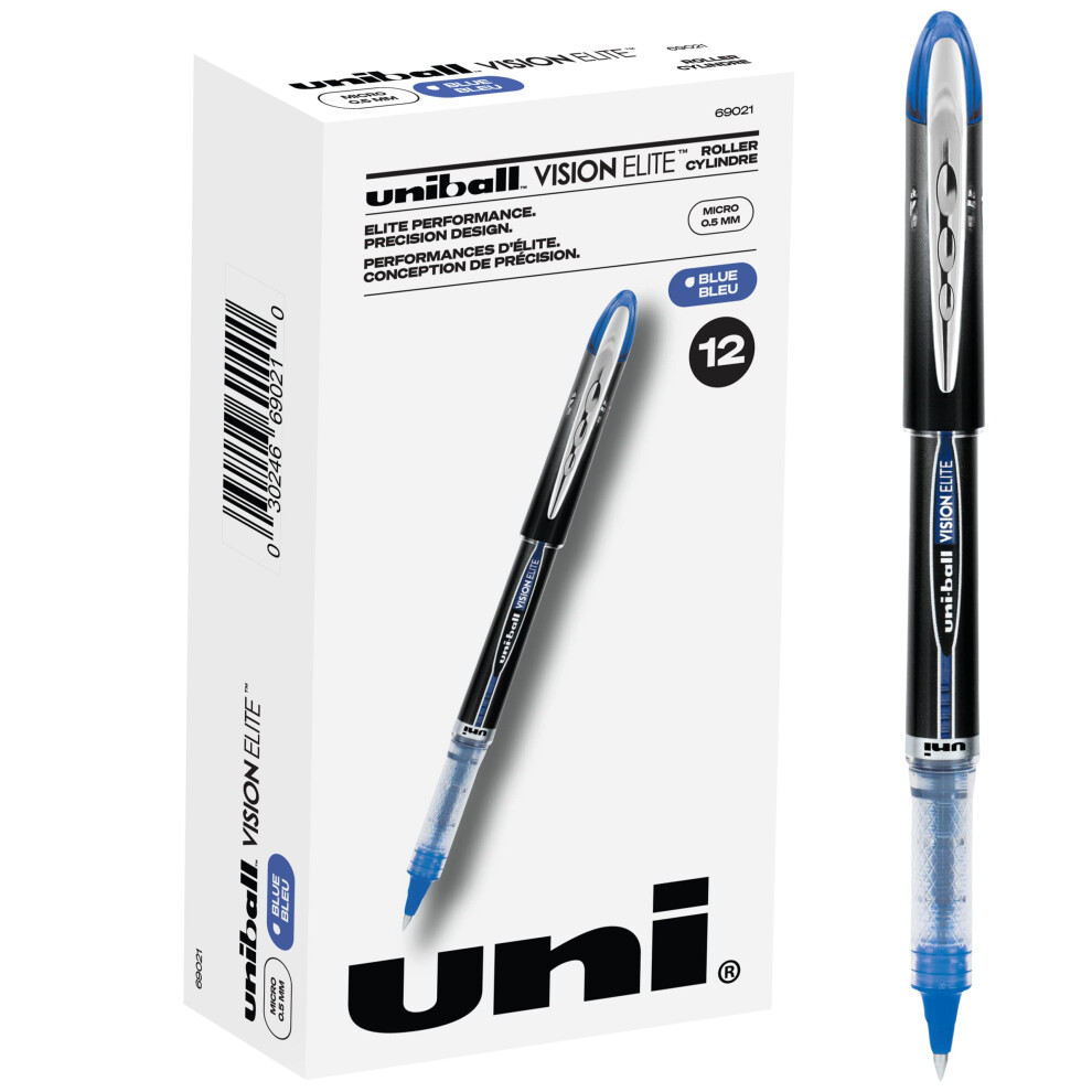 Uniball Vision Elite Rollerball Pens  Blue Pens Pack of 12  Micro Pens