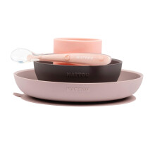 NATTOU Set assiette 4 pièces : assiette, bol, verre et cuillère - En silicone - Rose foncé, gris et rose clair
