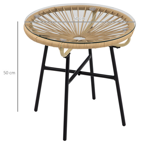 Outsunny Outsunny Rattan Side Table w/ Tempered Glass Tabletop, Beige 1