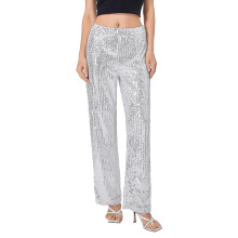 (Silver, S) Women Sequins Wide Leg Pants Shiny Loose Casual Elastic High Waist Trousers