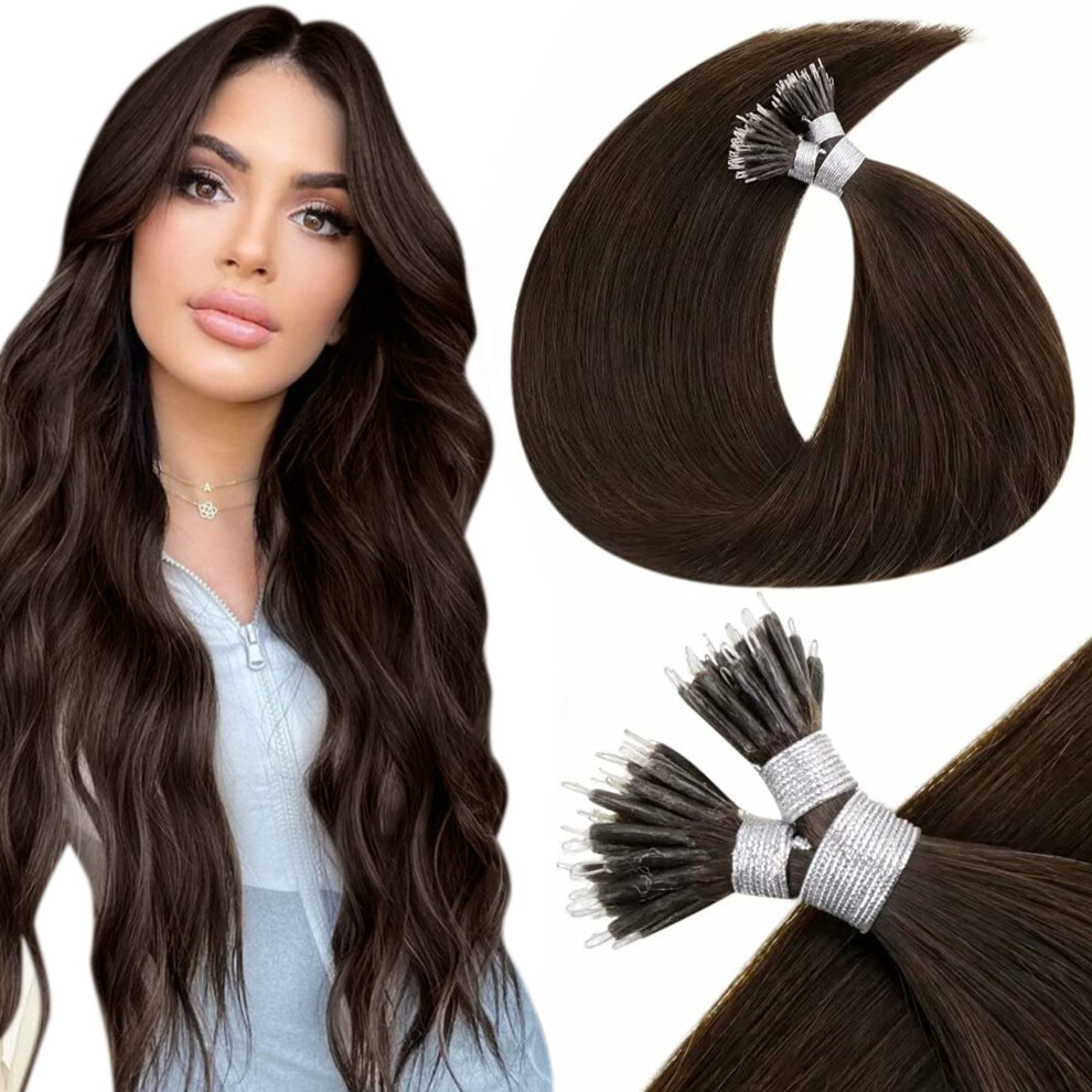 Laavoo Unisex Brown Nano Hair Extensions Human Hair Dark Nano Ring Hair Extensions Nano Bead Hair Extensions Human Hair 50G 50S 14Inch