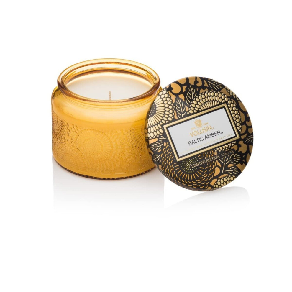 Voluspa Baltic Amber Candle  Petite Embossed Glass Jar  3.2 Oz.  25 Hr