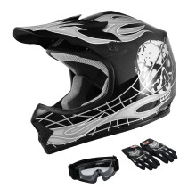 TCT-MOTORPARTS Zwarte Schedel Jongen DOT Kinderen Jeugd Motocross Helmen ATV Off-Road Crossmotor Motorfiets Integraalhelm + Handschoenen + Bril Mediu