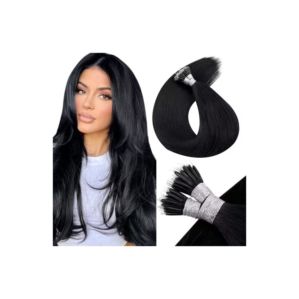 Laavoo Unisex Black Nano Bead Hair Extensions Human Hair Nano Ring Hair Extensions Jet Nano Hair Extensions Human Hair Straight 16 Inch 50G 50S
