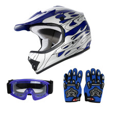 SLMOTO Dot Jeugd Kinderhelm Motocross Offroad Straathelm Motorhelm Crossmotor Motocross ATV Blue Flame Design Helm + bril + handschoenen