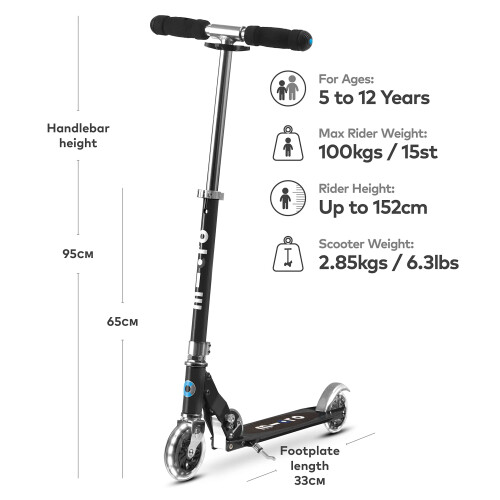 Micro Kickboard- Sprite LED - 2 Wheeled Kick Scooter Ages 6+  fold-to- 2