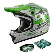TCT-MOTORPARTS Green Flame DOT Kids Jeugd Motocross Helmen ATV Off-Road Dirt Bike Motorcycle Integraalhelm + Handschoenen + Bril Groot