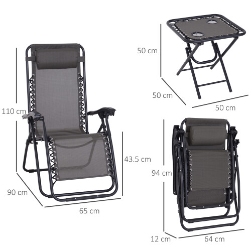 Outsunny Outsunny 3PC Zero Gravity Chairs Sun Lounger Table Set W/ Cup Holders Dark Grey 1