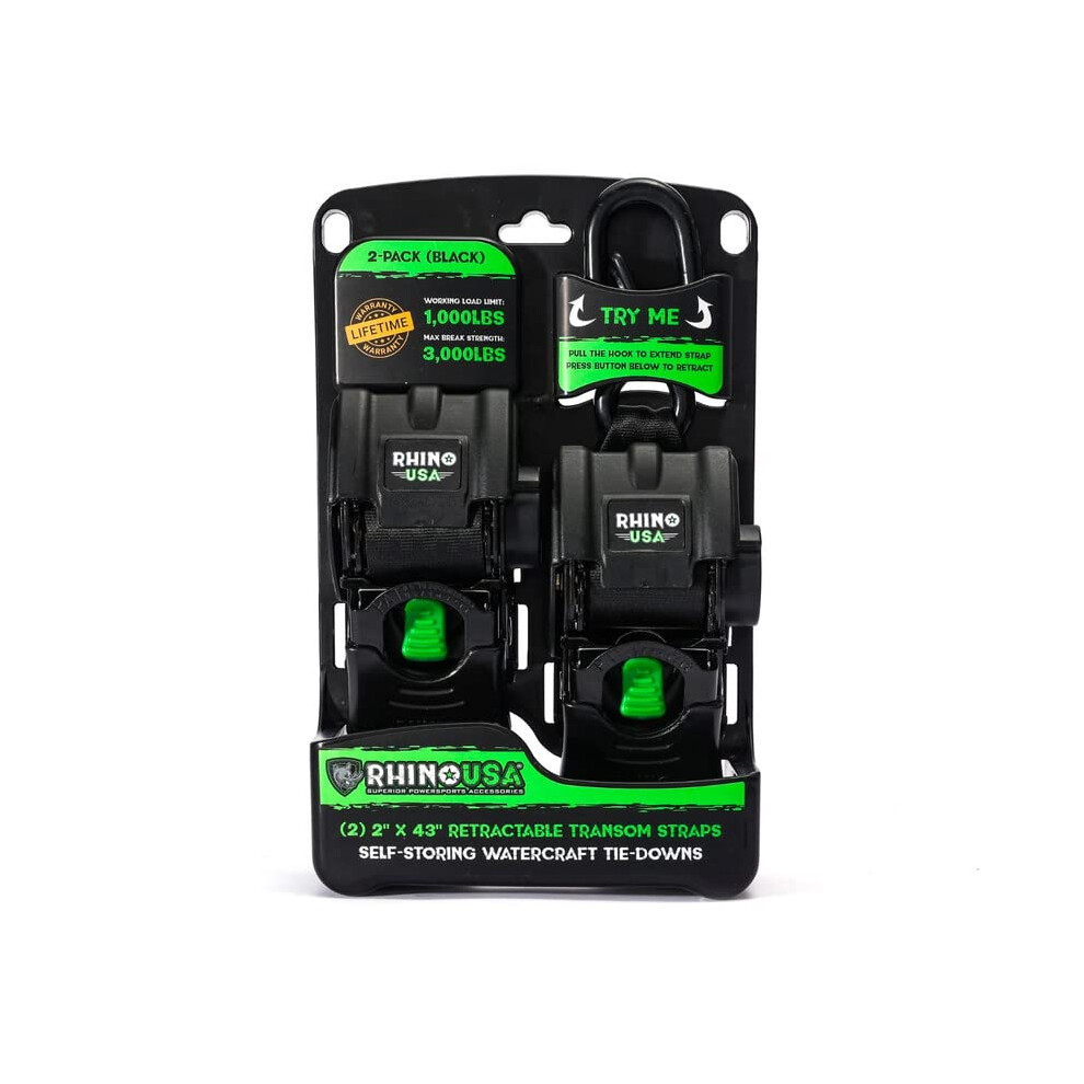 Rhino Usa Retractable Transom Tie-Down Straps (2-Pack) - 3 000Lb Guara 810109890651