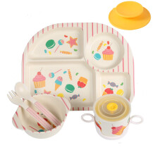 shopwithgreen 7-delig bamboe kinderserviesset - kindergerechten - voedselbord kom kop lepel vorkset servies cartoon servies vaatwasmachinebestendig k