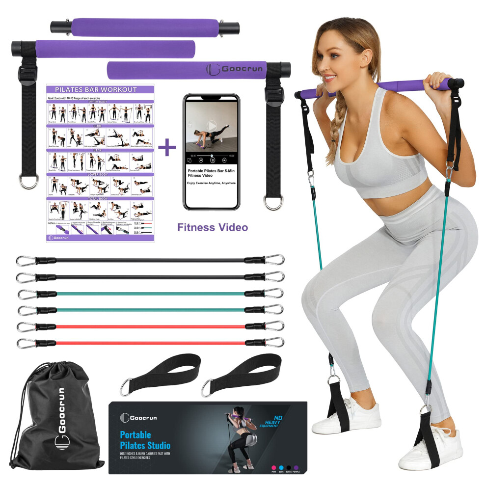 Goocrun Portable Pilates Bar Kit with Resistance Bands for Men and Wom