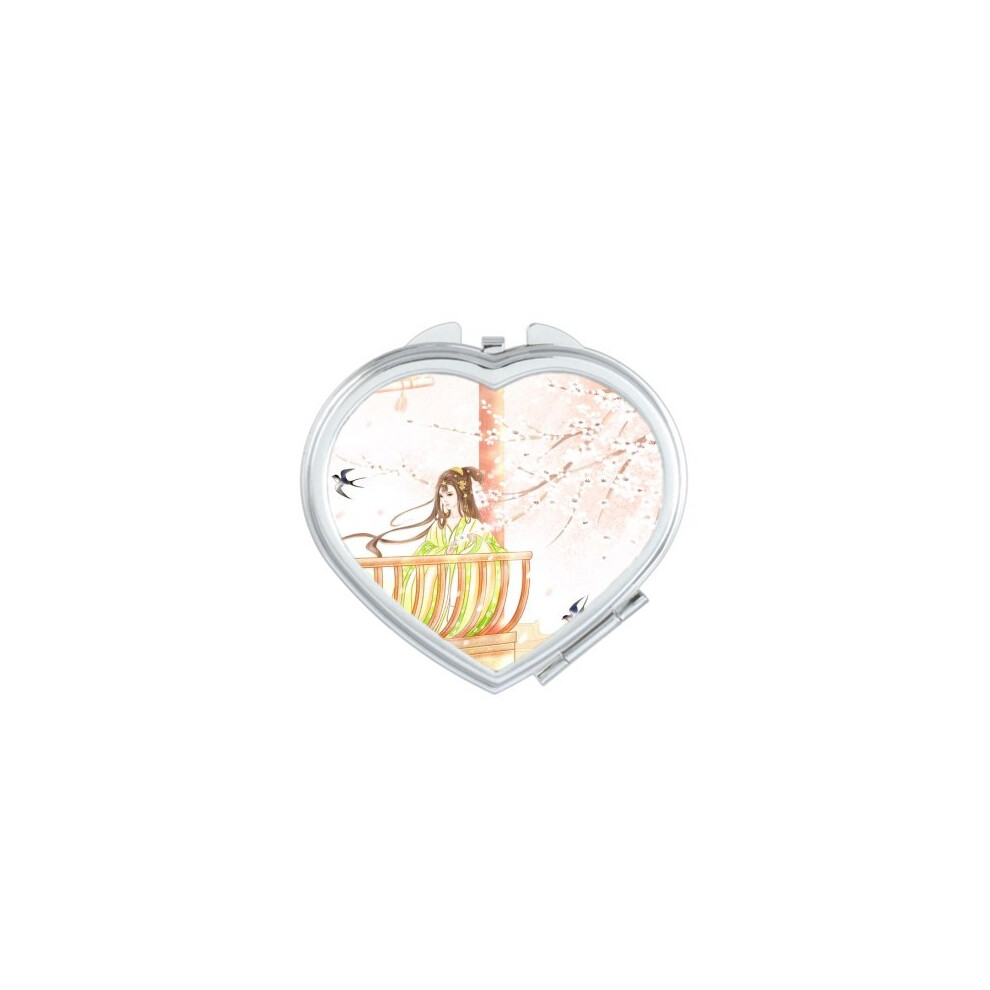 Diythinker Swallow Chinese Style Watercolor Heart Mirror Travel Magnification Portable Handheld Pocket Makeup