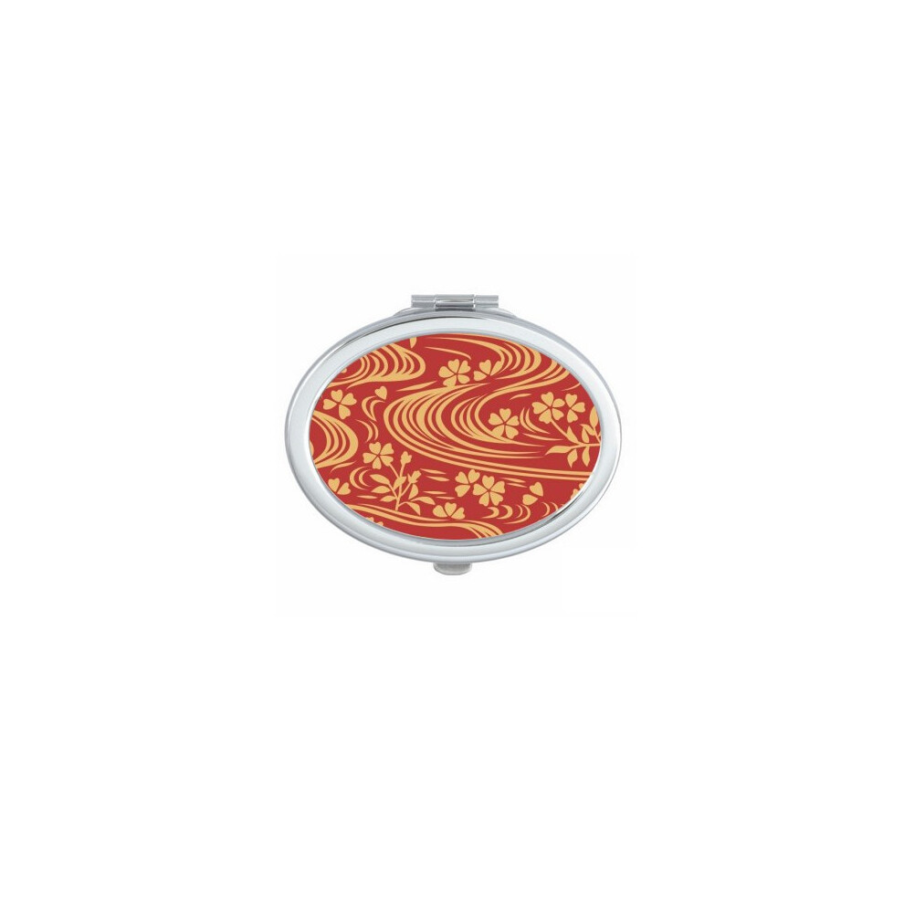 Diythinker Red Curly Japanese Culture Flower Oval Mirror Portable Fold Hand Makeup Double Side Glasses