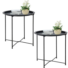 Garden 4 you Beistelltisch, 2 Stck, Metall-Beistelltisch, schwarz, rundes Klapptablett, Cyan, Sofa, kleiner Akzent, klappbarer Tisch, runder Bei