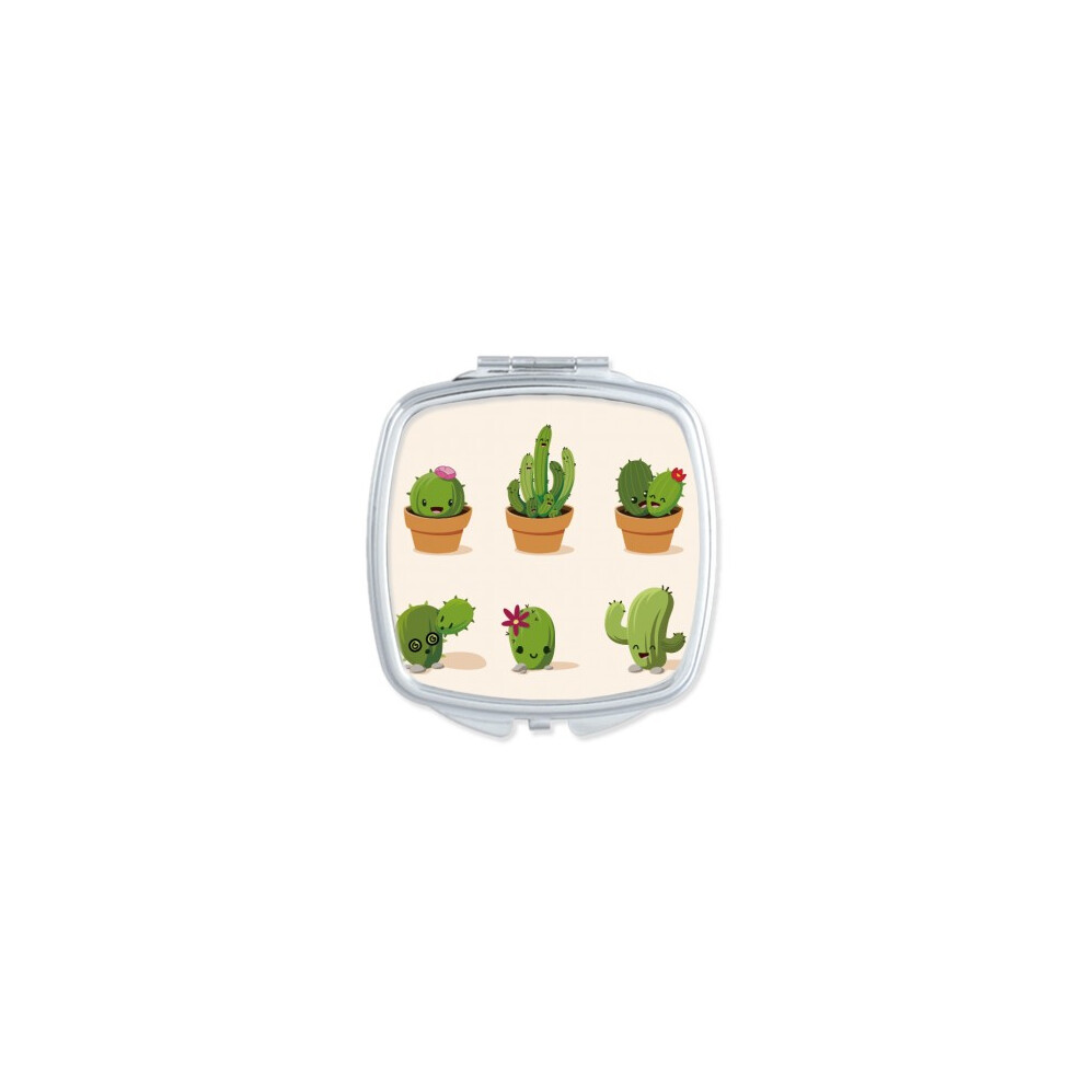 Diythinker Cactus Succulents Potted Illustration Square Mirror Portable Compact Pocket Makeup Double Sided Glass