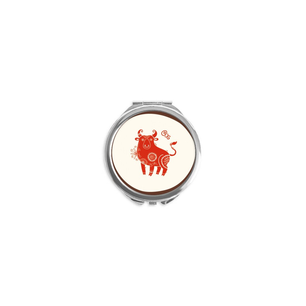 Diythinker Red Year Of Ox Animal China Zodiac Hand Compact Mirror Round Portable Pocket Glass