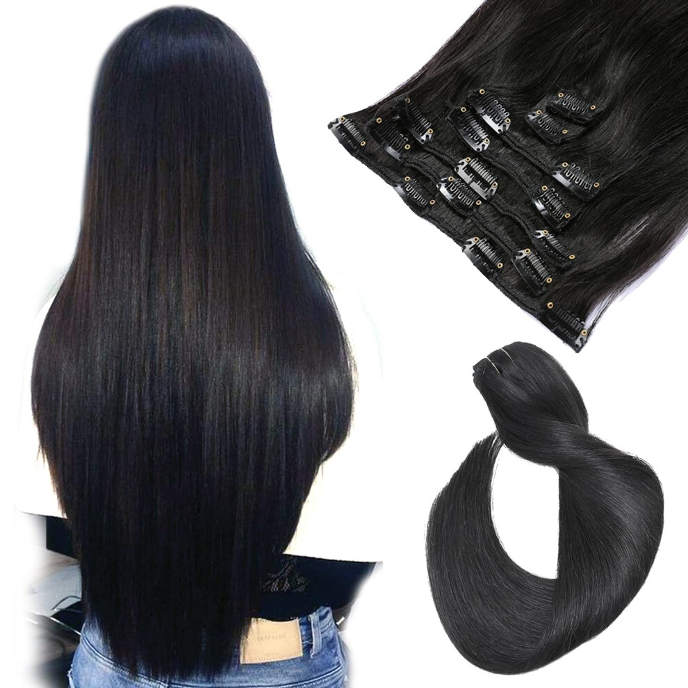 Ubetta Clip In Hair Extensions Real Human Hair Clip In Extensions 7 Pieces 70G Natural Black Hair Extensions Clip In Human Hair 18 Inch Seamless Double Weft