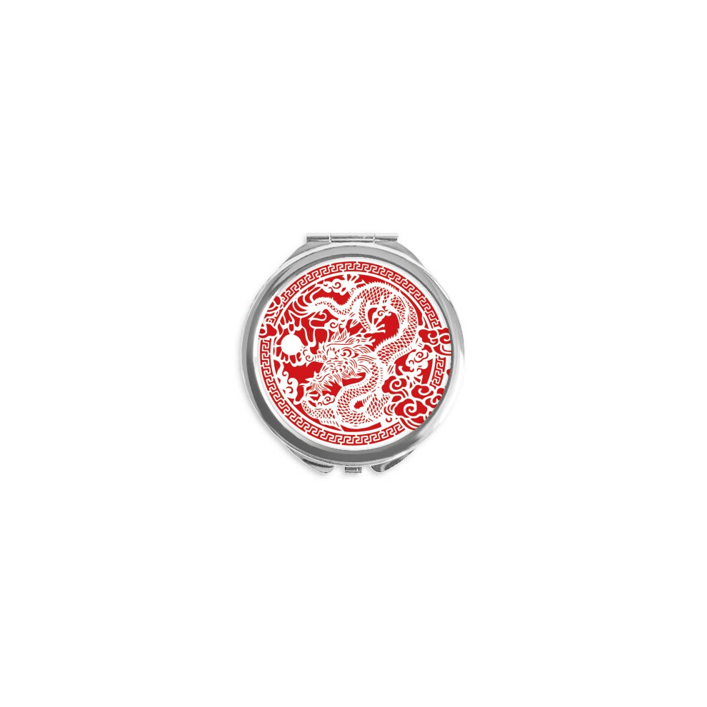 Diythinker Red Chinese Dragon Animal Hand Compact Mirror Round Portable Pocket Glass