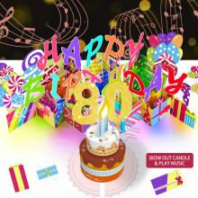Gumry 80TH Musical Birthday PopUp Card Blowable LED Light Candle 3D C