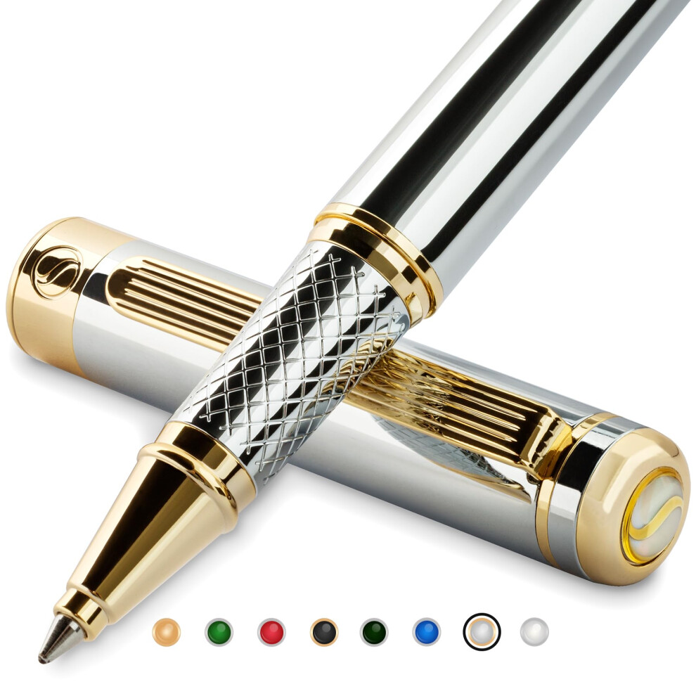 Scriveiner Silver Chrome Rollerball Pen - Stunning Luxury Pen with 24K