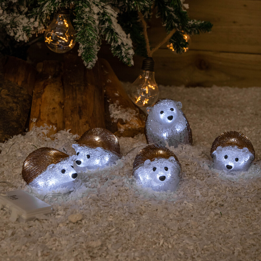 Set of 5 Brown Acrylic Christmas Hedgehogs with Cool White LEDs