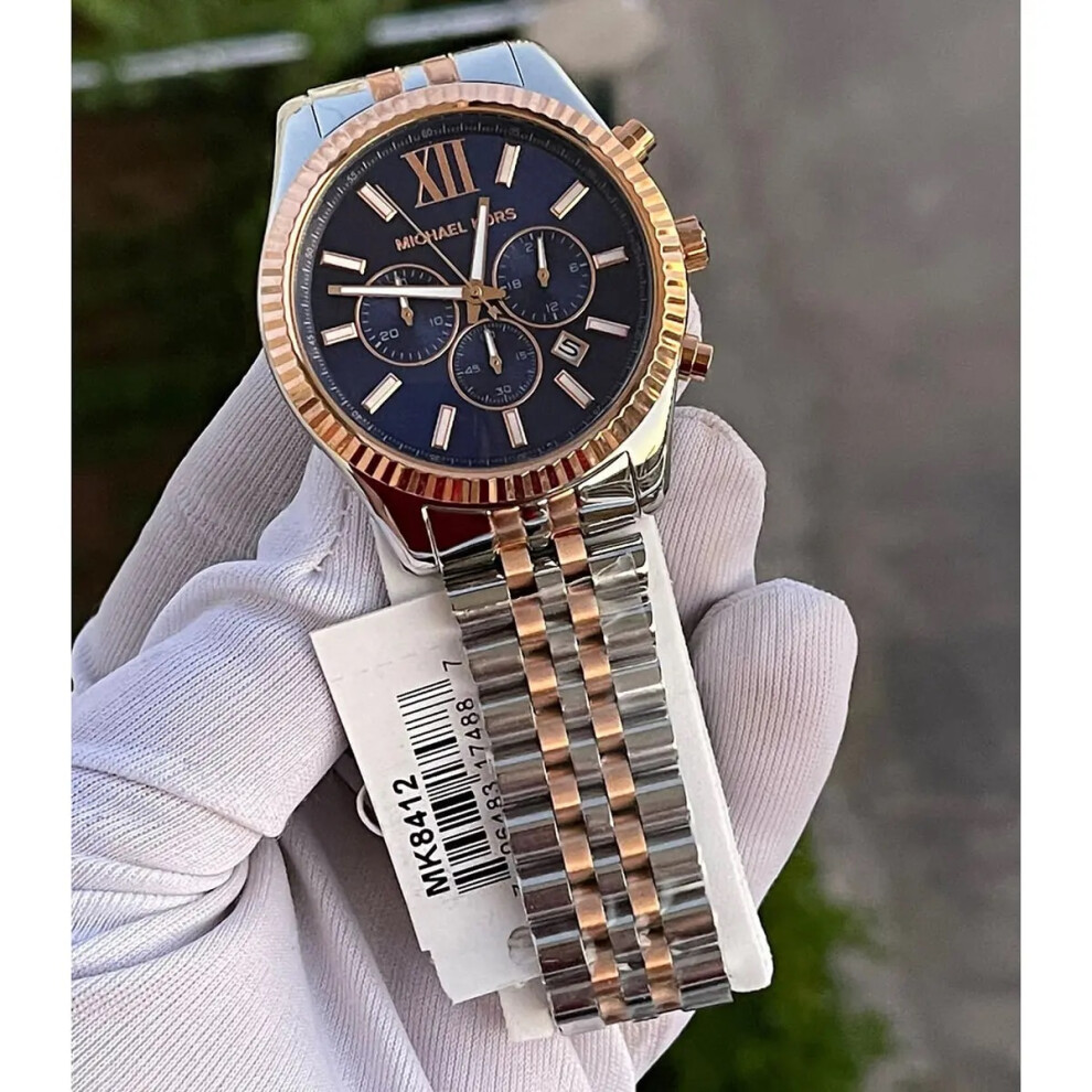 MICHAEL KORS MK8412 WOMEN'S WATCH BICOLOR STRAP BLUE DIAL SILVER CASE