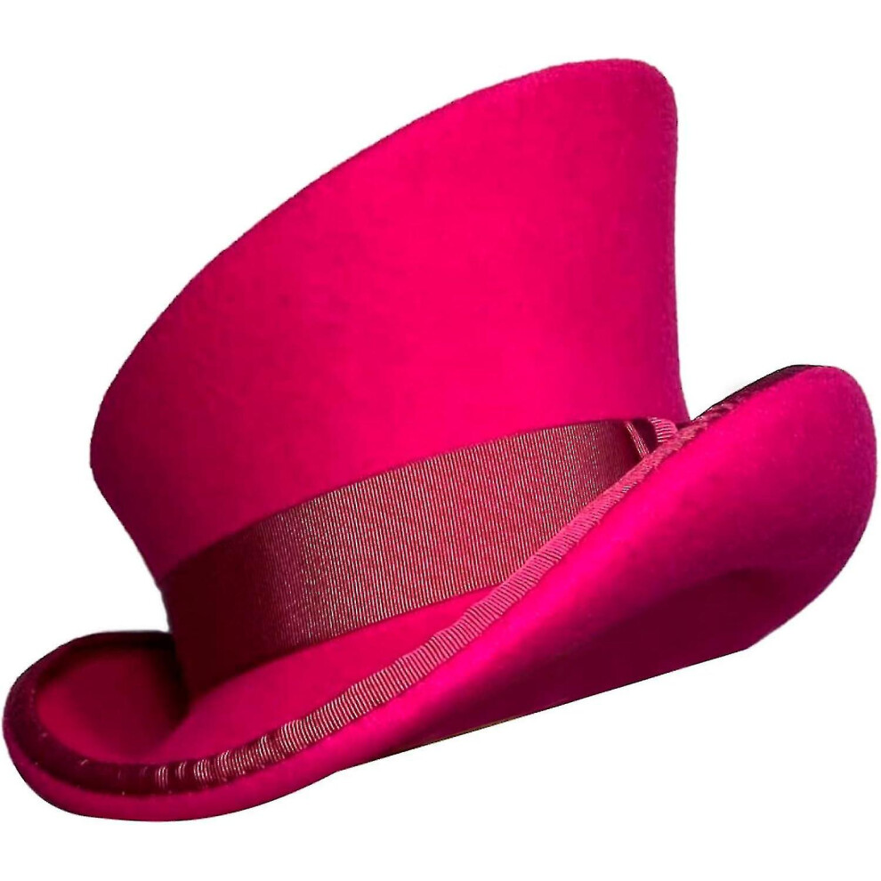 (Hot Pink) Asymmetric Top Hat Wool Hat Women Men Unisex Hat Steam Punk Hat Top Hat Fashion Ribbon Decorative Hat Hat With Ear Cover [ege]