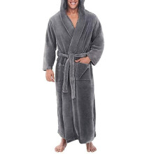 (Grey, 3XL) Mens Fleece Hooded Long Soft Bathrobe N