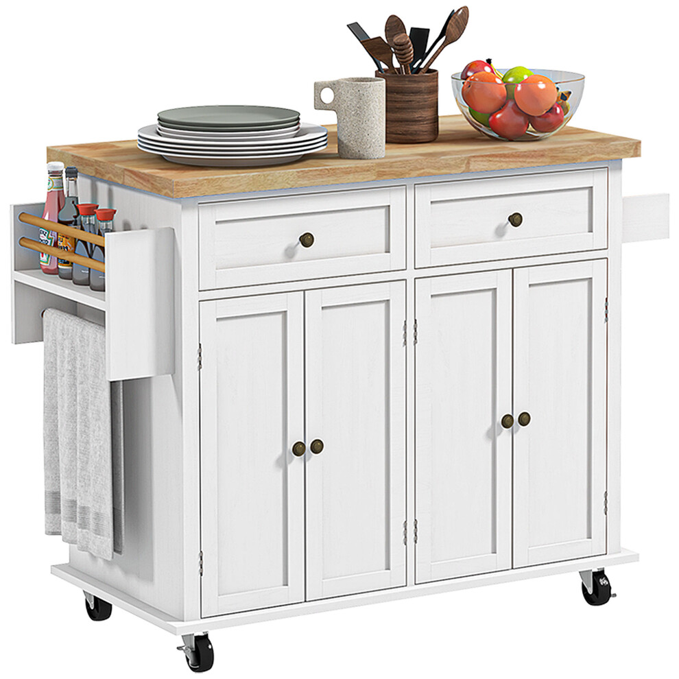 HOMCOM Rolling Kitchen Island Cart with Rubber Wood Top, Spices White