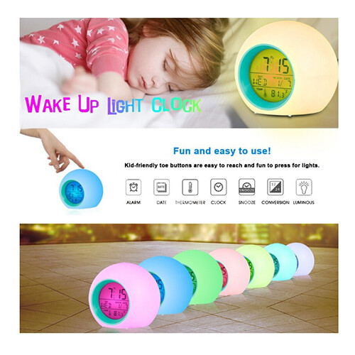 Kids Digital Alarm Clock 7 Color Night Light Temperature Wake Up Timer 2