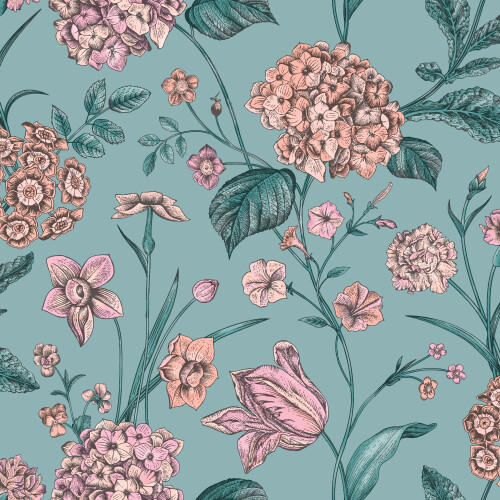 (SAMPLE) Rasch Hydrangea Teal Green Printed Wallpaper Roll