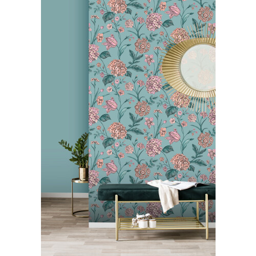 (SAMPLE) Rasch Hydrangea Teal Green Printed Wallpaper Roll 2