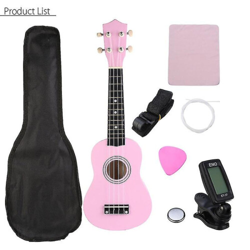 (pink) Ukulele Combo 21 Ukulele Black Soprano 4 Strings Uke Hawaii Bass Stringed Musical Instrument Set Kitstunerstringstrapbag