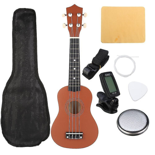 (coffee) Ukulele Combo 21 Ukulele Black Soprano 4 Strings Uke Hawaii Bass Stringed Musical Instrument Set Kitstunerstringstrapbag