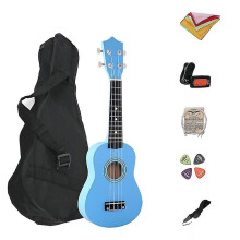 (blue) Ukulele Combo 21 Ukulele Black Soprano 4 Strings Uke Hawaii Bass Stringed Musical Instrument Set Kitstunerstringstrapbag