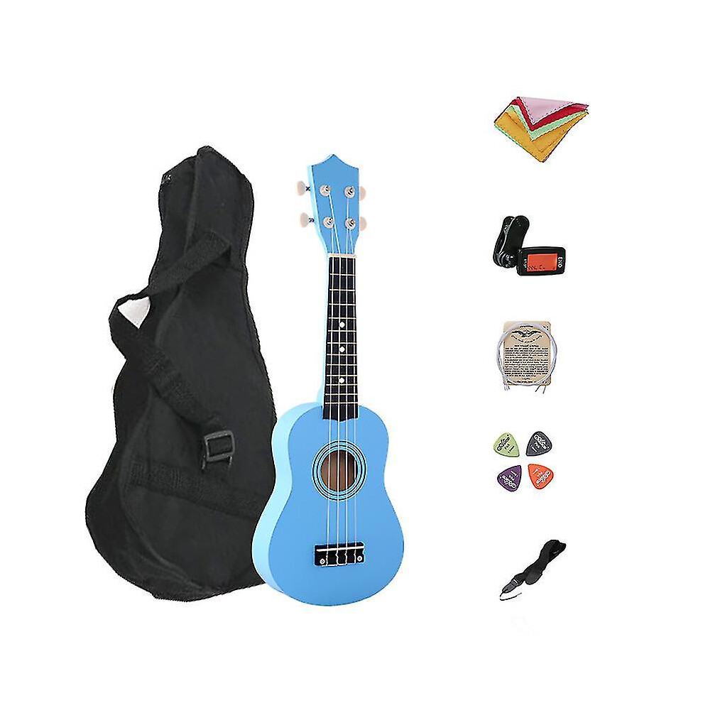 (blue) Ukulele Combo 21 Ukulele Black Soprano 4 Strings Uke Hawaii Bass Stringed Musical Instrument Set Kitstunerstringstrapbag