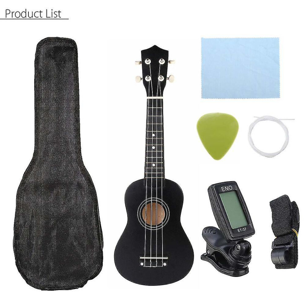 (black) Ukulele Combo 21 Ukulele Black Soprano 4 Strings Uke Hawaii Bass Stringed Musical Instrument Set Kitstunerstringstrapbag