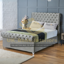 (Silver Plush, King 5ft) Upholstered Velvet Sleigh Double Bed Frame with Mattress Included 3ft,4ft6,5ft,6ft Hand Made UK