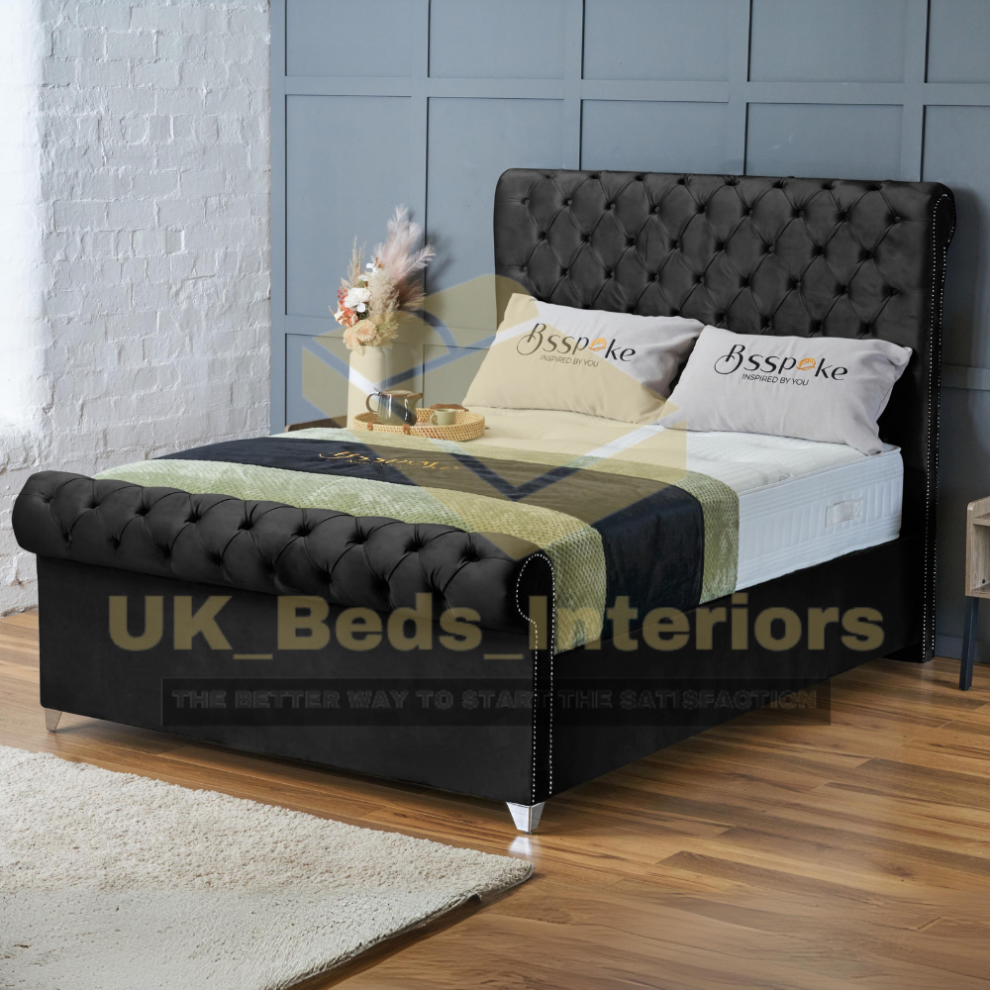 (Black Plush, Double 4ft6") Upholstered Velvet Sleigh Double Bed Frame with Mattress Included 3ft,4ft6,5ft,6ft Hand Made UK