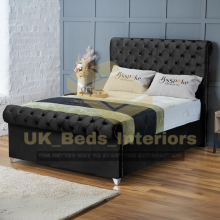 (Black Plush, King 5ft) Upholstered Velvet Sleigh Double Bed Frame with Mattress Included 3ft,4ft6,5ft,6ft Hand Made UK