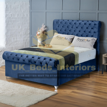 (Blue Plush, King 5ft) Upholstered Velvet Sleigh Double Bed Frame with Mattress Included 3ft,4ft6,5ft,6ft Hand Made UK