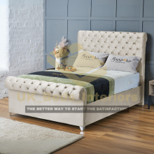 (Cream Plush, Double 4ft6") Upholstered Velvet Sleigh Double Bed Frame with Mattress Included 3ft,4ft6,5ft,6ft Hand Made UK