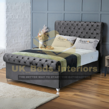 (Grey Plush, Small Double 4ft) Upholstered Velvet Sleigh Double Bed Frame with Mattress Included 3ft,4ft6,5ft,6ft Hand Made UK