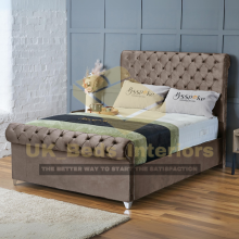(Mink Plush, Small Double 4ft) Upholstered Velvet Sleigh Double Bed Frame with Mattress Included 3ft,4ft6,5ft,6ft Hand Made UK