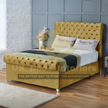 (Mustard Plush, King 5ft) Upholstered Velvet Sleigh Double Bed Frame with Mattress Included 3ft,4ft6,5ft,6ft Hand Made UK