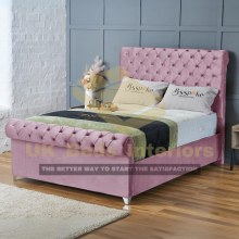 (Pink Plush, Small Double 4ft) Upholstered Velvet Sleigh Double Bed Frame with Mattress Included 3ft,4ft6,5ft,6ft Hand Made UK