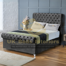 (Steel Plush, King 5ft) Upholstered Velvet Sleigh Double Bed Frame with Mattress Included 3ft,4ft6,5ft,6ft Hand Made UK