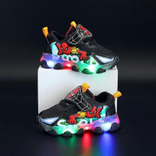 (Size 23 14.2cm, black) Children's light-up spider sports shoes men and women soft bottom non-slip cartoon fashion mesh LED light shoes